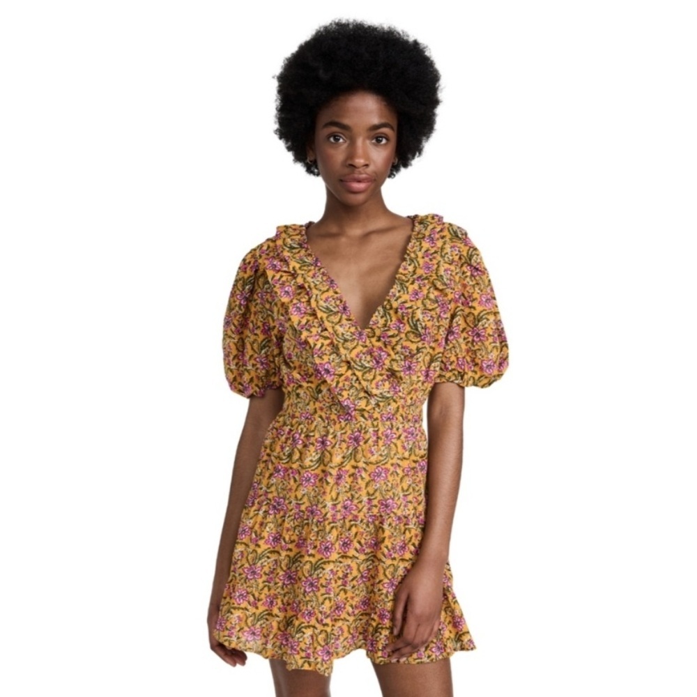 RAHI Del Sole Chiara Mini Dress Floral Ruffle Yellow Pink 100% Cotton Women’s S